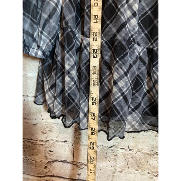 Terra & Sky Babydoll Top Womens 1X Gray Plaid Mesh Balloon Sleeve Ruffle Boho - Picture 8 of 12